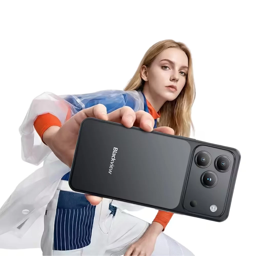 Blackview WAVE 7C preto com tela ampla, notch em gota e módulo traseiro triplo destacado; design elegante, bordas finas e acabamento fosco - Item7