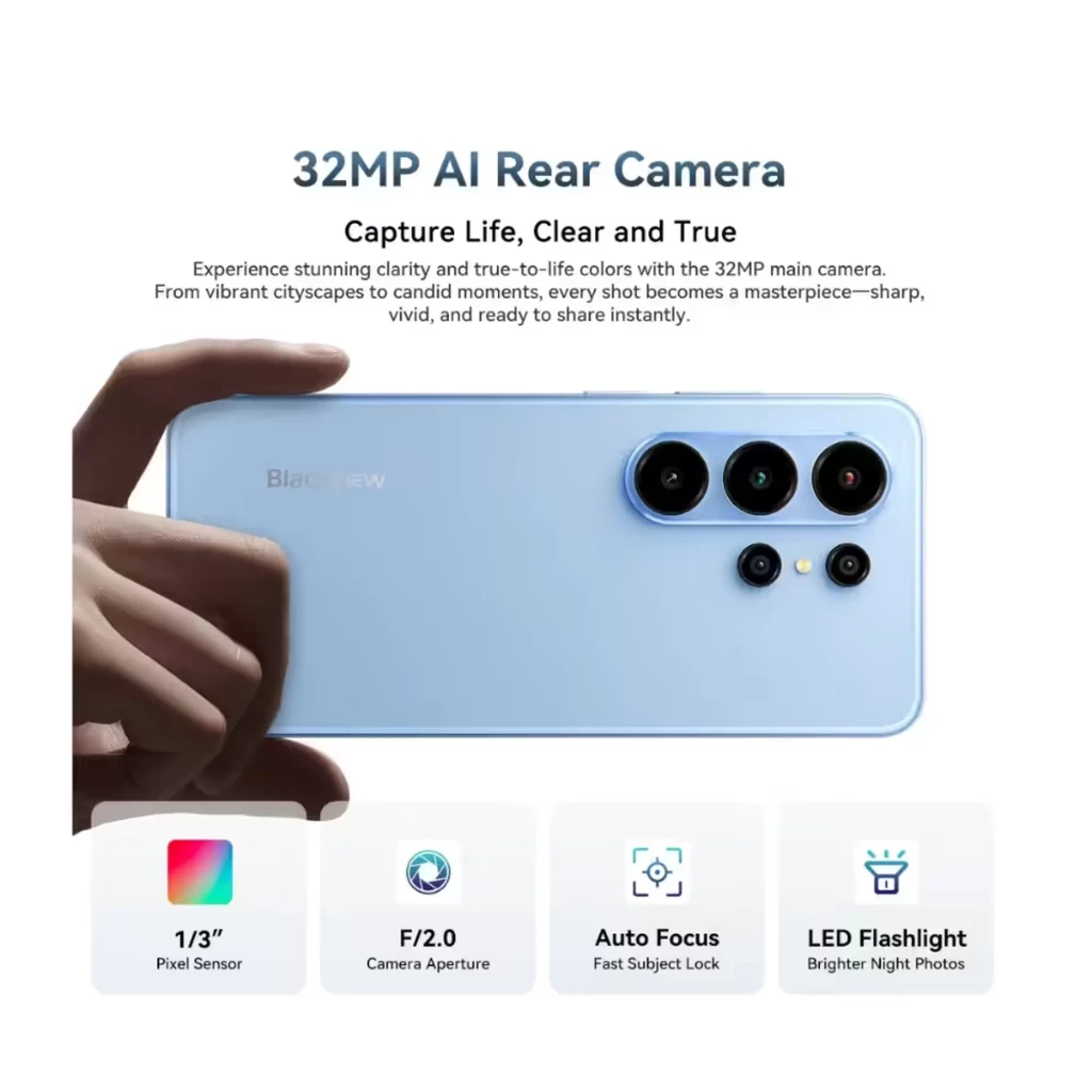 Smartphone Blackview WAVE 10 azul com ecrã HD+ de bordas finas, notch em gota e módulo traseiro com três câmaras verticais e flash integrado - Item2