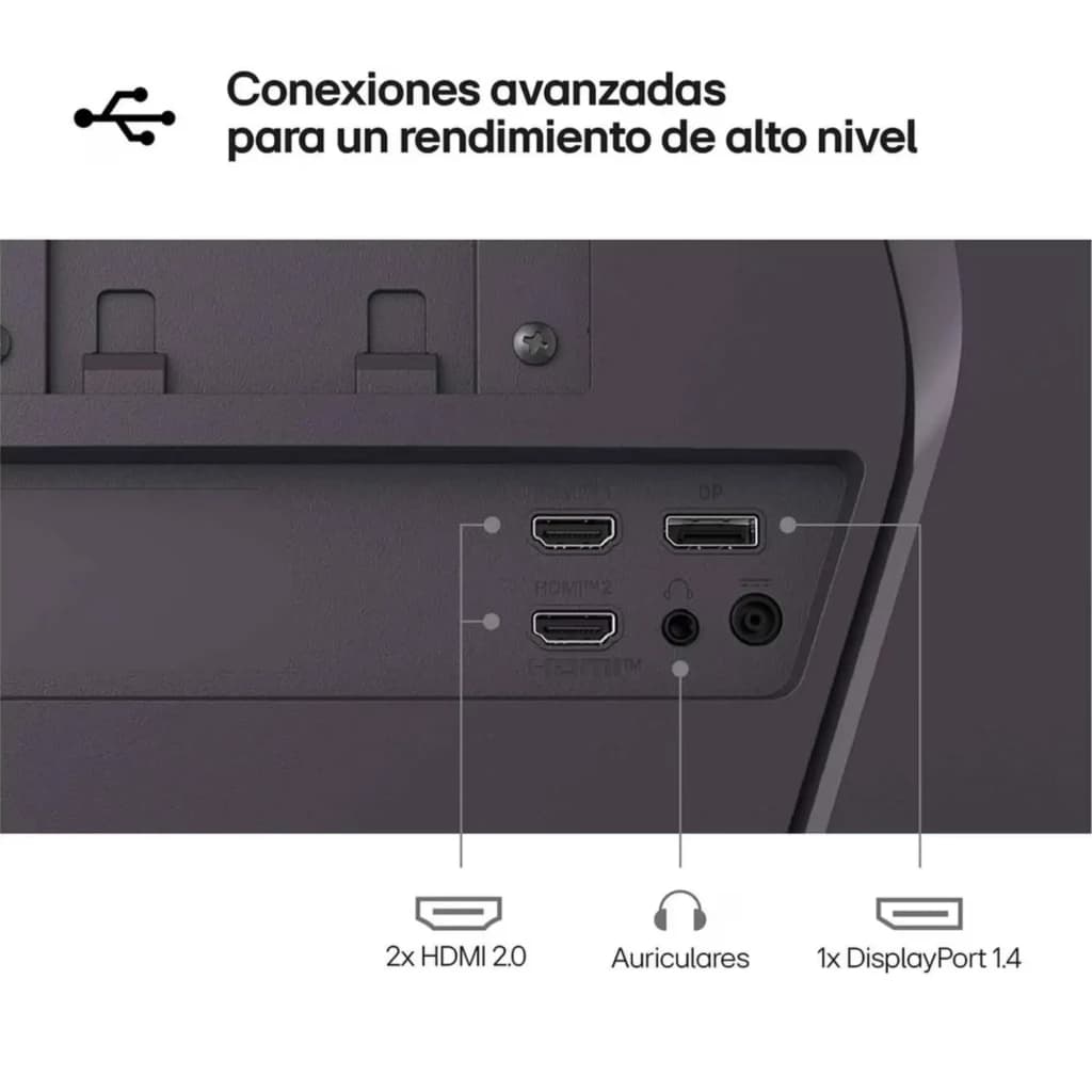 Ports arrière LG UltraGear 27 pouces : 2x HDMI 2.0, 1x DisplayPort 1.4 et prise casque, agencement clair pour connexions rapides et jeu QHD 200 Hz