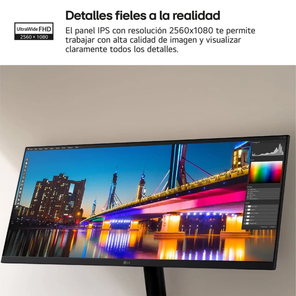 Monitor LG UltraWide 34 IPS UWFHD 2560x1080, 100 Hz. Tela ampla com cores vivas, ângulos amplos e bordas finas, ideal para multitarefa e edição.