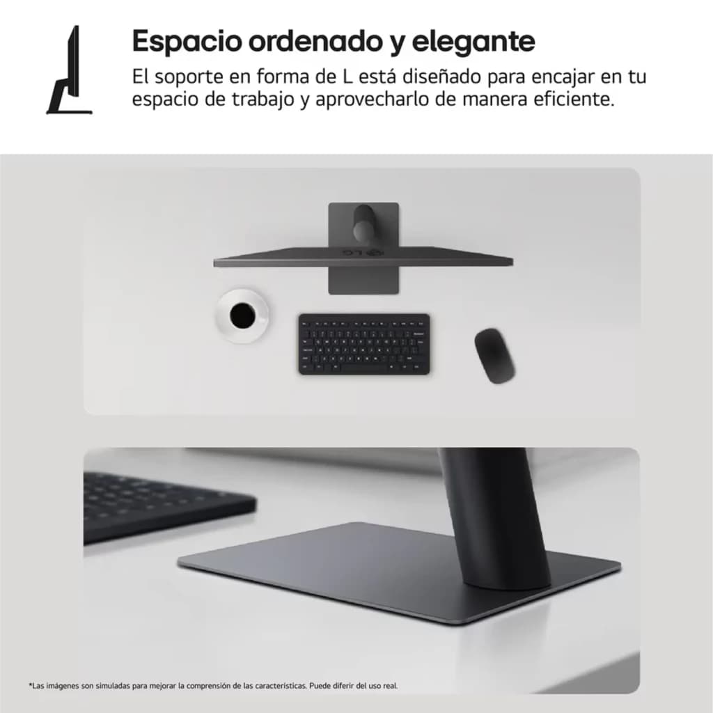 Base em L minimalista com acabamento preto fosco, hastes robustas e suporte estável, ideal para organizar a mesa e combinar com acessórios escuros