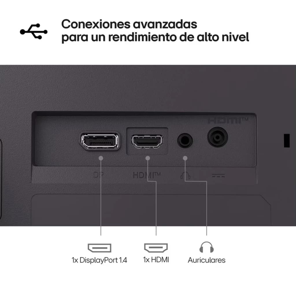 Parte traseira do monitor LG UltraGear 27: portas DisplayPort 1.4 e HDMI, entrada de áudio e saída para auriculares, design limpo e organizado