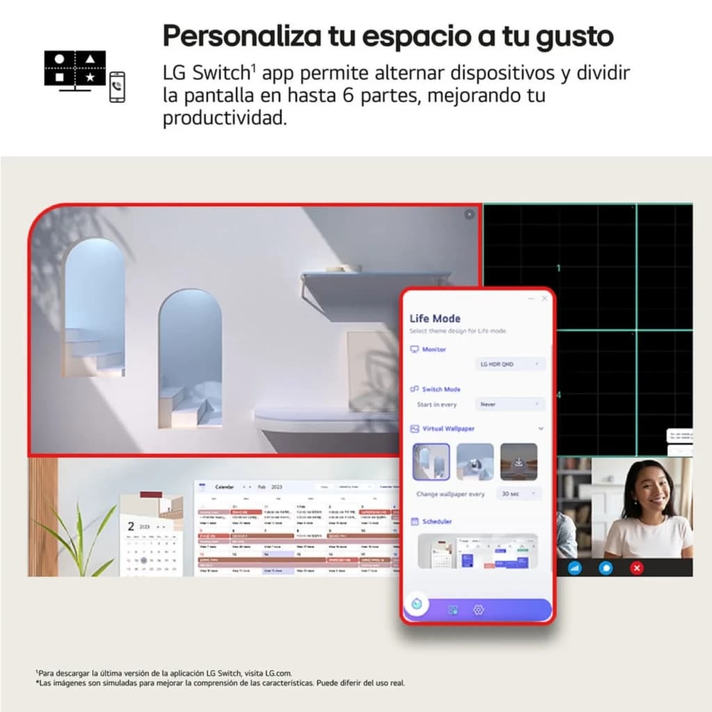 Tela do LG UltraGear 27 com app LG Switch dividindo a tela em 6 partes, janelas de trabalho, vide chamada e calendário, interface clara e moderna