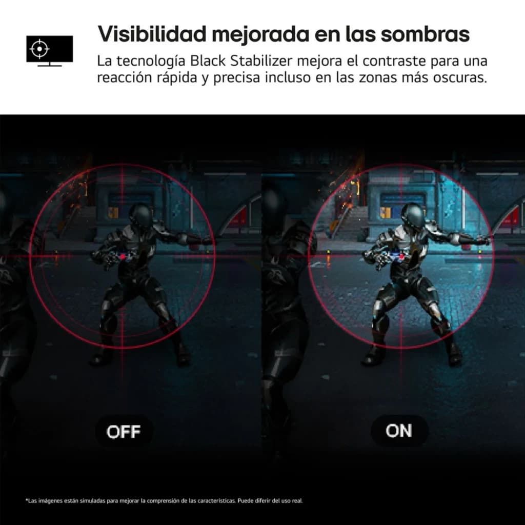 Tela dividida mostrando efeito Black Stabilizer: à esquerda OFF com sombras escuras, à direita ON com maior contraste e inimigo destacado em mira vermelha
