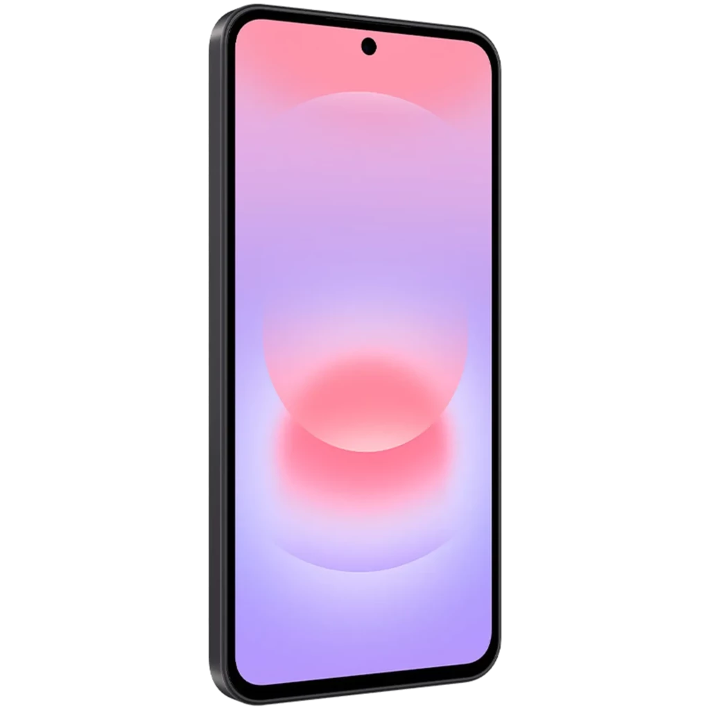 Samsung Galaxy A37 5G preto com tela cheia perfurada central, bordas finas e módulo traseiro com três câmeras verticais e flash discreto - Item1