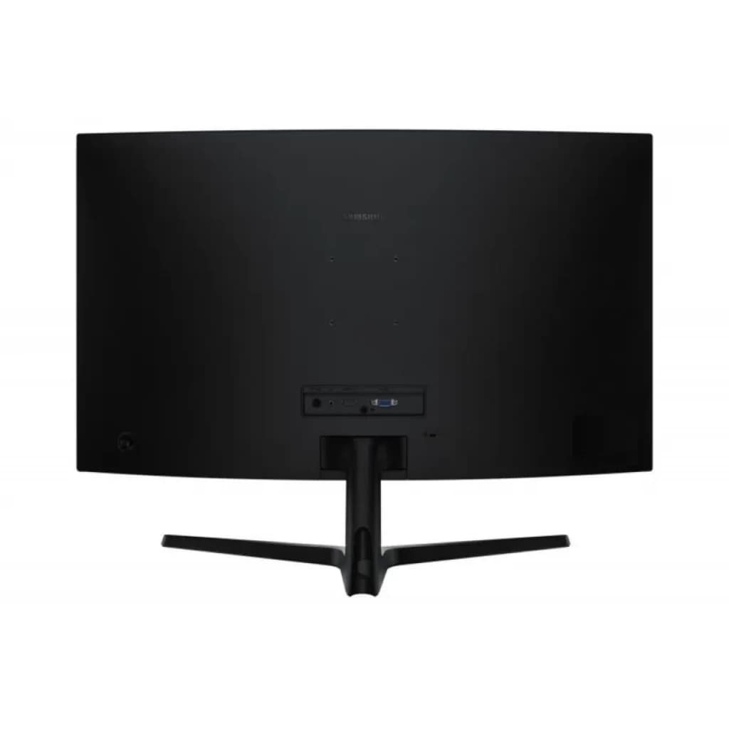 Parte trasera del Monitor Samsung Essential S3 S39GD 32 pulgadas, panel curvo VA FHD, soporte en V, puertos HDMI y DisplayPort centrados, acabado negro mate