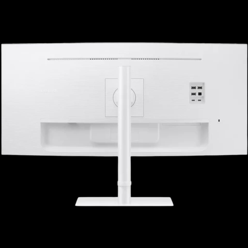 Parte trasera del monitor Samsung S65TC 34 pulgadas: acabado blanco, curvatura 1000R, soporte ajustable, gestión de cables y puertos USB y Thunderbolt 4