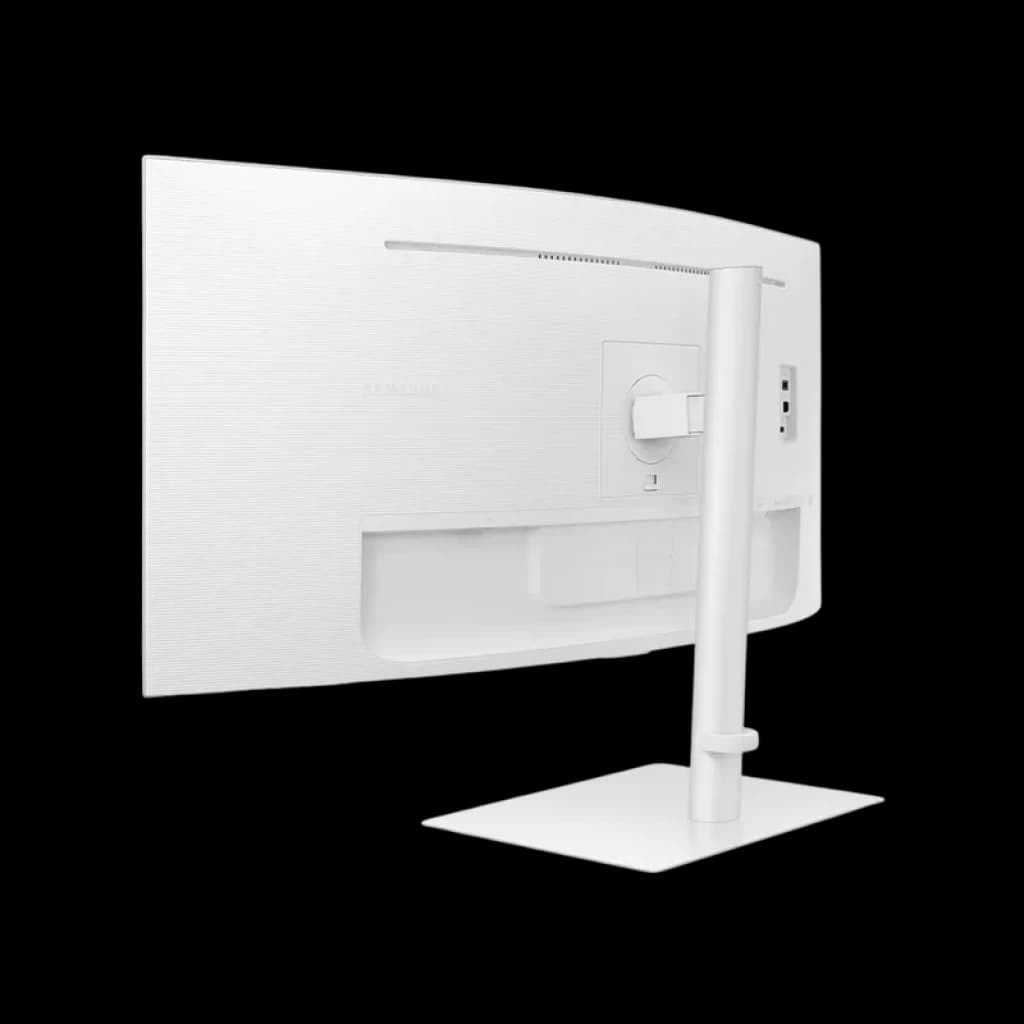Parte trasera del monitor curvo blanco de 34 pulgadas con soporte ajustable, gestión de cables integrada y puertos laterales, diseño limpio y minimalista