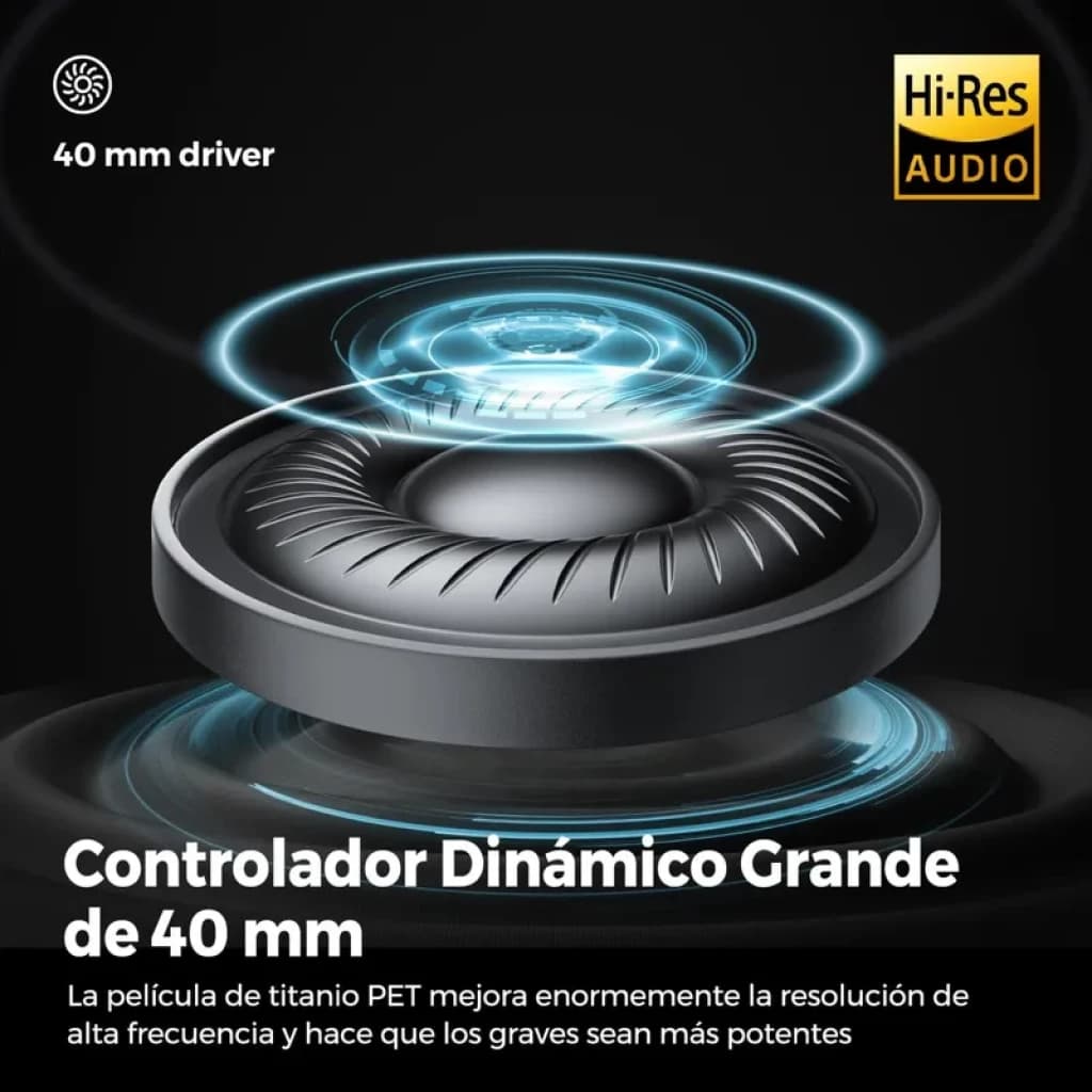 Controlador dinámico de 40 mm con película de titanio PET, resolución de alta frecuencia mejorada y graves potentes, certificación Hi-Res Audio