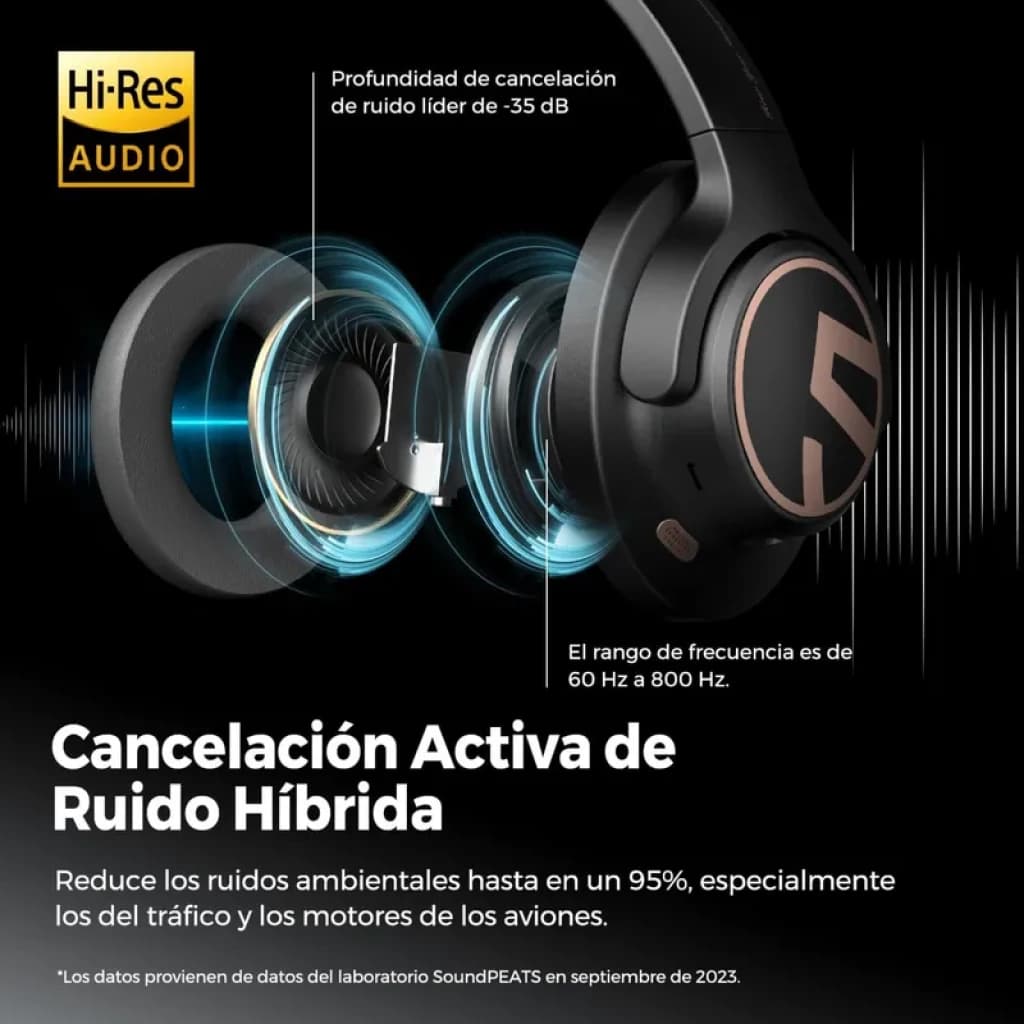 SoundPEATS Space auriculares de diadema negros con copas acolchadas, logo cobre, diseño plegable, drivers expuestos en corte 3D, etiqueta Hi‑Res y enfoque