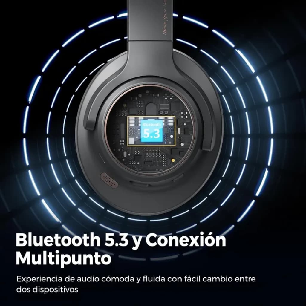 SoundPEATS Space auriculares de diadema con Bluetooth 5.3, ANC, multipunto y pantalla interna del driver; diseño negro con aros luminosos azules alrededor