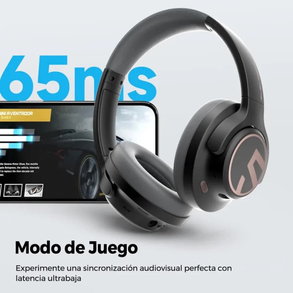 SoundPEATS Space auriculares de diadema inalámbricos negros con ANC, diseño plegable, almohadillas acolchadas y modo juego 65 ms junto a smartphone gaming
