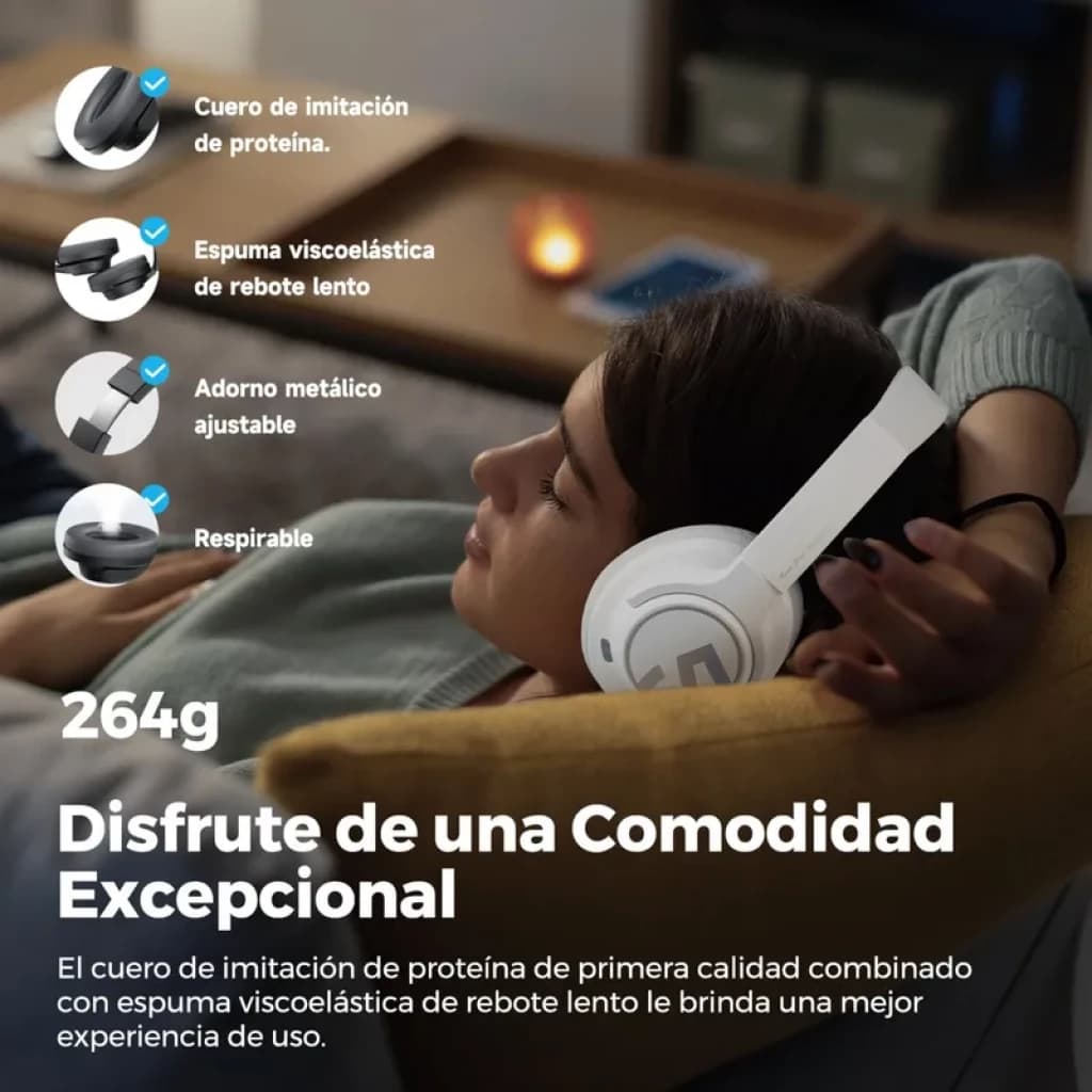 SoundPEATS Space auriculares de diadema blancos con ANC, copa acolchada en cuero sintético, espuma viscoelástica, diadema metálica ajustable y diseño