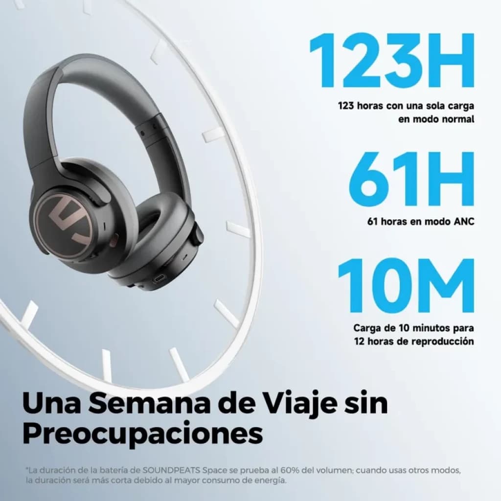 Auriculares SoundPEATS Space de diadema en color negro con cojines acolchados, diseño plegable, controles laterales y logotipo en copa izquierda