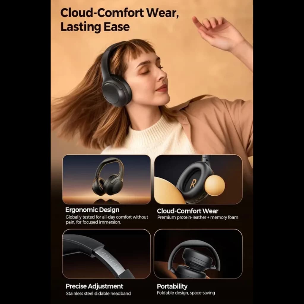 SoundPEATS Cove Pro ANC 56dB Bluetooth 6.0 auriculares de diadema negros con almohadillas memory foam, diadema de acero ajustable y diseño plegable portátil