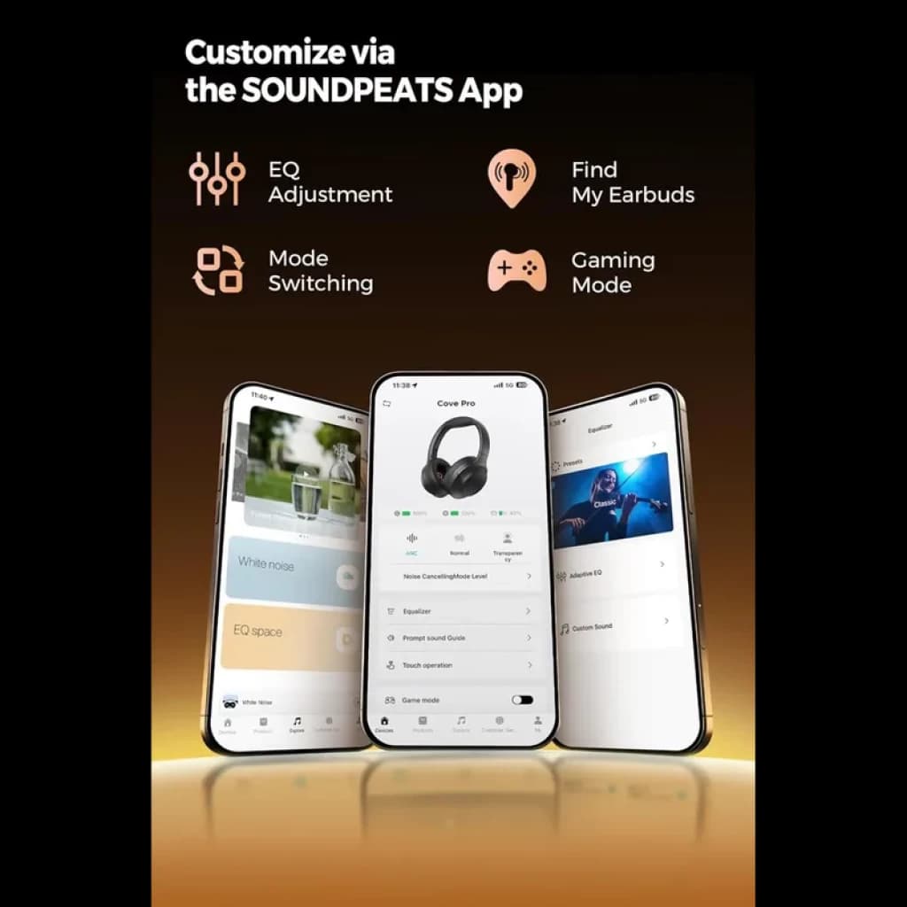 App SoundPEATS mostrando controles: ajuste de ecualizador, cambio de modo, localizar auriculares y modo gaming para SoundPEATS Cove Pro ANC 56 dB Bluetooth 6.0