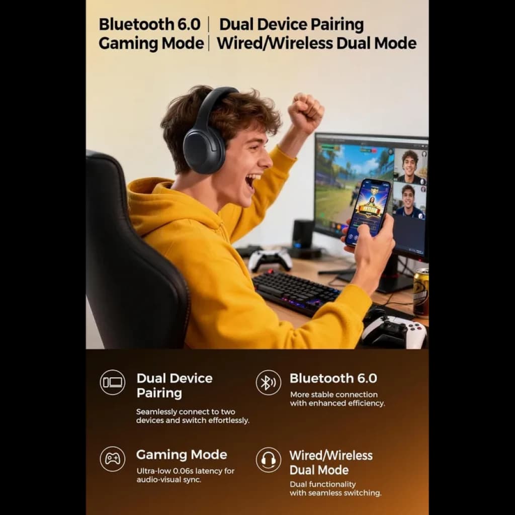 Joven usando auriculares de diadema negros SoundPEATS Cove Pro ANC 56dB, con micrófono integrado, conectados a PC y smartphone; destaca Bluetooth 6.0 y modo
