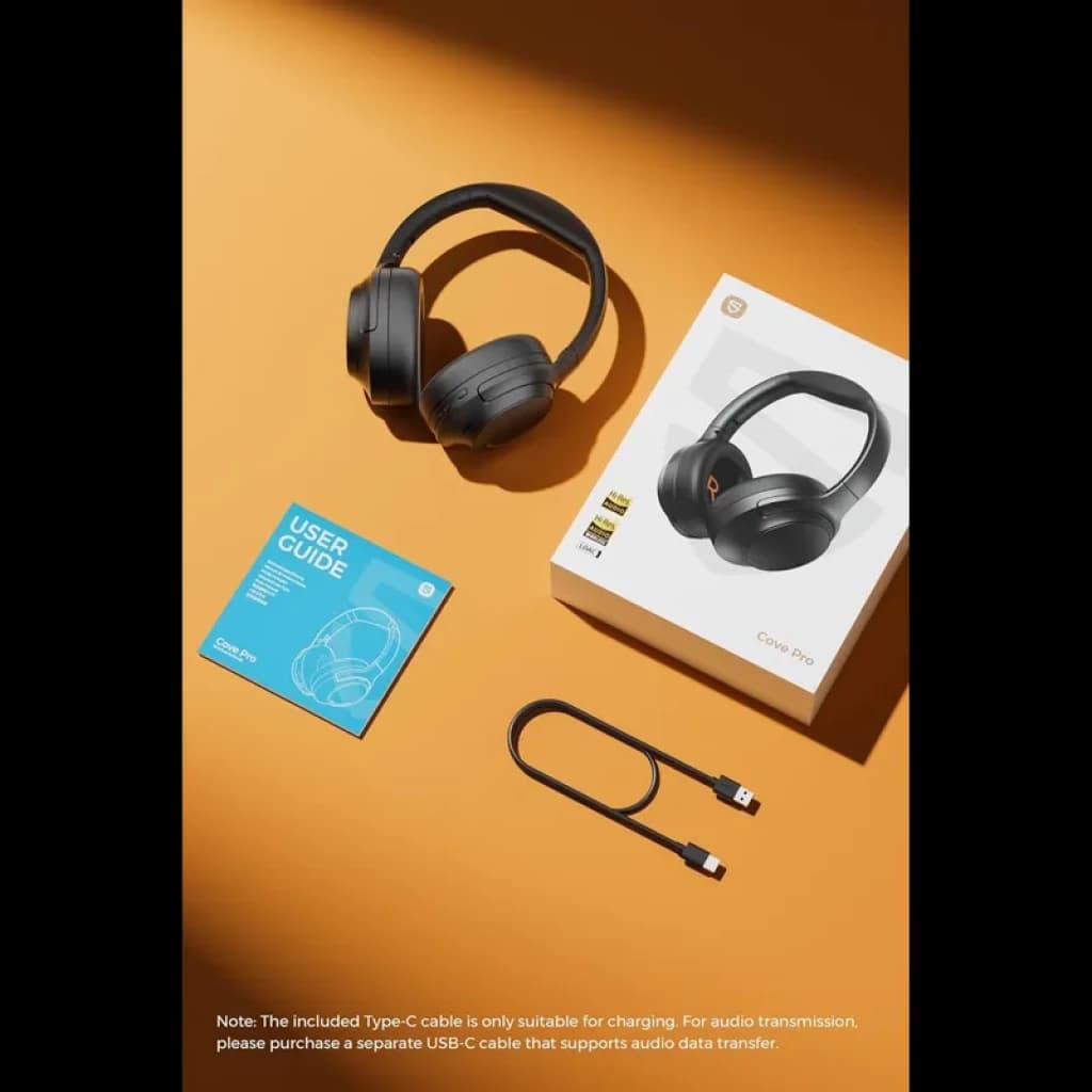 SoundPEATS Cove Pro ANC 56dB Bluetooth 6.0 en negro mate, diadema acolchada y copas giratorias. Incluye estuche, cable USB-C y guía de usuario junto a la caja.