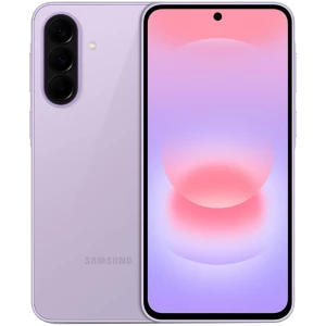 Samsung Galaxy A37 5G lavanda com ecrã plano de 6,6 polegadas, câmara tripla vertical traseira e furo central para a câmara frontal, design minimalista
