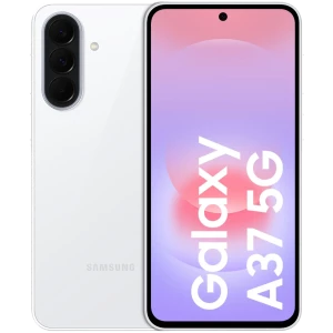 Smartphone blanc avec écran bord à bord percé au centre, triple appareil photo arrière aligné verticalement, design épuré Galaxy A37 5G 128 Go 6 Go RAM