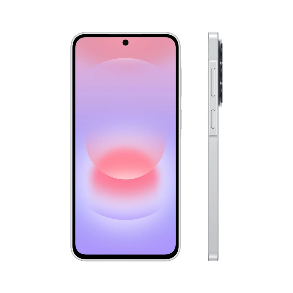 Samsung Galaxy A37 5G branco com tela infinita, câmera traseira tripla vertical, bordas finas e furo central para a câmera frontal, design elegante e - Item1
