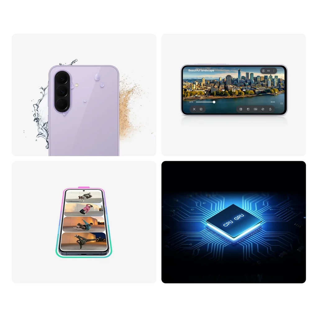 Samsung Galaxy A37 5G lavanda com ecrã plano de 6,6 polegadas, câmara tripla vertical traseira e furo central para a câmara frontal, design minimalista - Item5