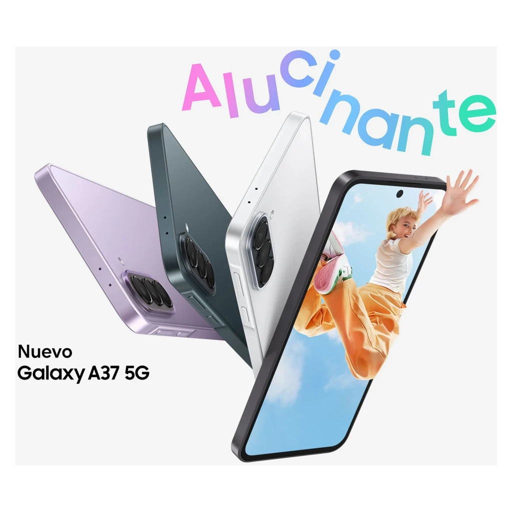 Samsung Galaxy A37 5G lavanda com ecrã plano de 6,6 polegadas, câmara tripla vertical traseira e furo central para a câmara frontal, design minimalista - Item4