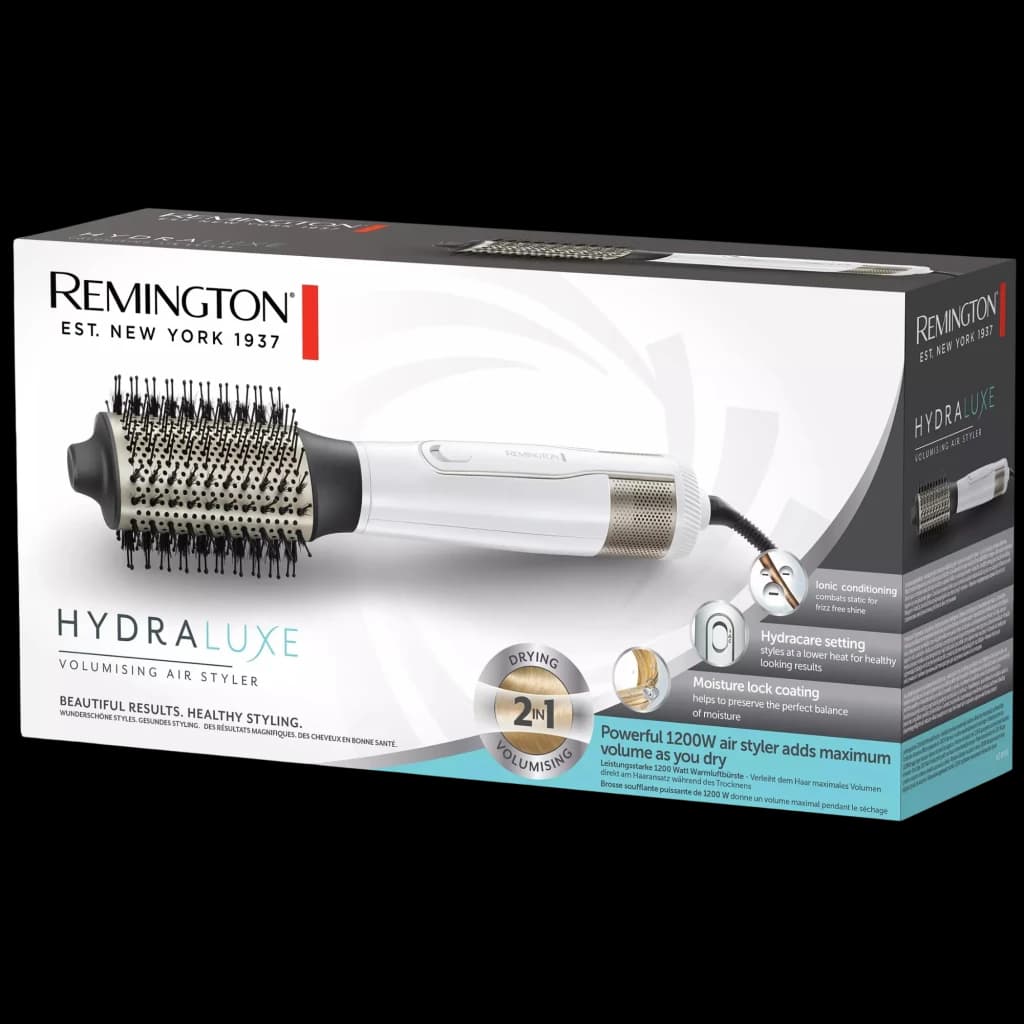Cepillo de aire caliente Remington Hydraluxe AS8901 blanco y dorado, barril redondo con cerdas mixtas, 2 en 1, potencia 1200 W, cable giratorio y botón frío