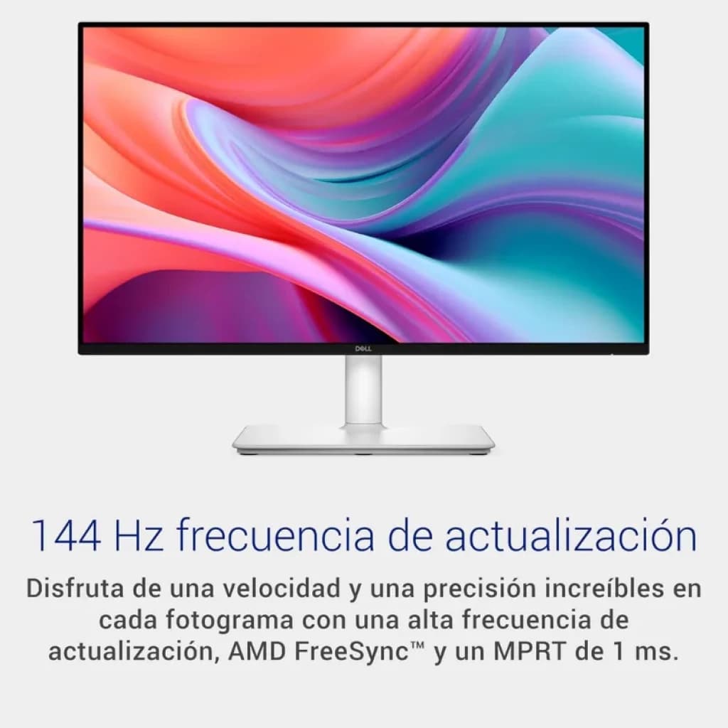 Monitor Dell S2425HSM de 24 pulgadas con panel IPS FHD, biseles delgados, peana metálica ajustable y pantalla vibrante; 144 Hz y FreeSync visibles en pantalla