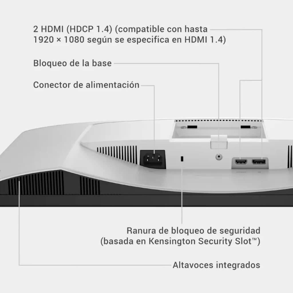 Parte trasera del monitor: 2 puertos HDMI 1.4 FHD, conector de alimentación, ranura Kensington, bloqueo de base y altavoces integrados. Modelo DELL S2425HSM