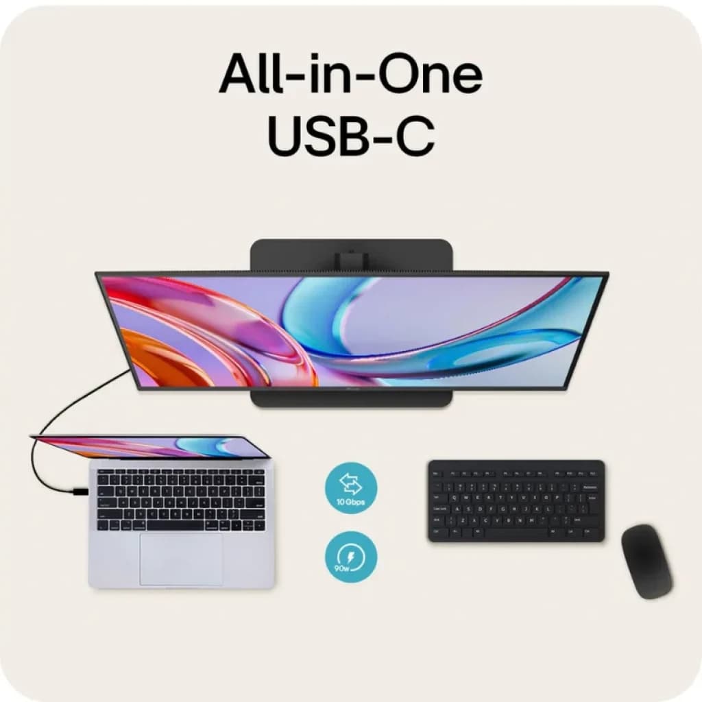 LG 32U720A-B con USB-C todo en uno, pantalla delgada con biseles finos, vista superior conectada a laptop, teclado y mouse