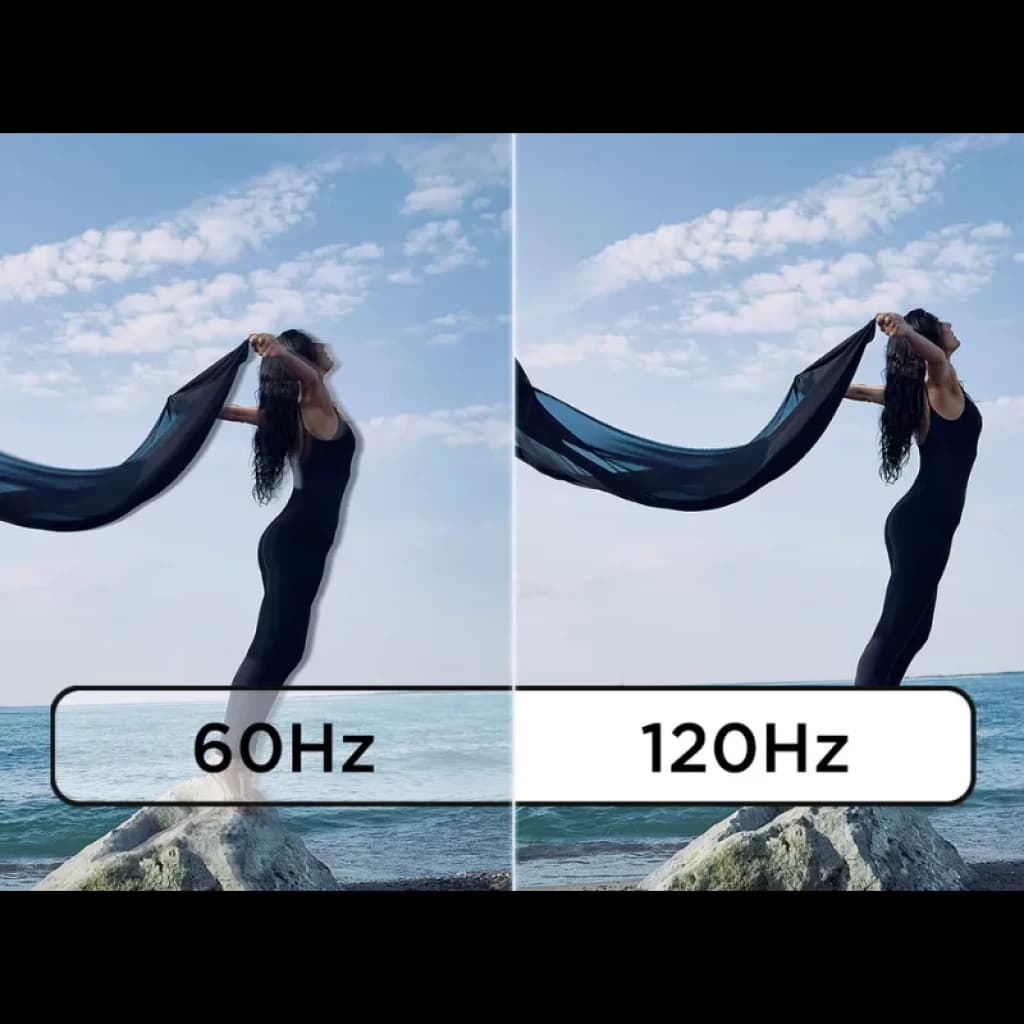 Comparativa de fluidez: panel muestra 60 Hz vs 120 Hz con movimiento más nítido y suave, ideal para monitor Lenovo ThinkVision T27QD-40 27 pulgadas QHD
