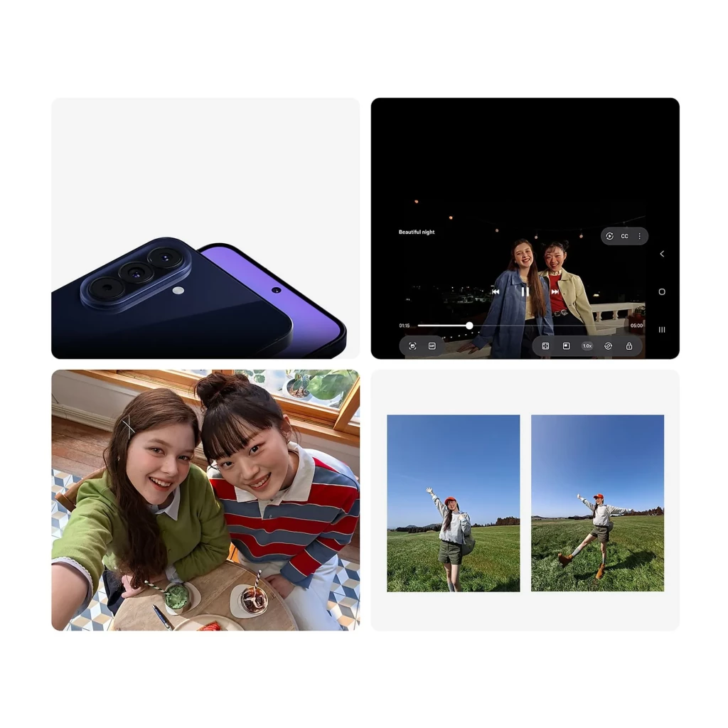 Samsung Galaxy A57 5G azul con pantalla borde a borde y cámara frontal en orificio; triple cámara trasera alineada verticalmente y bordes curvos brillantes - Ítem6