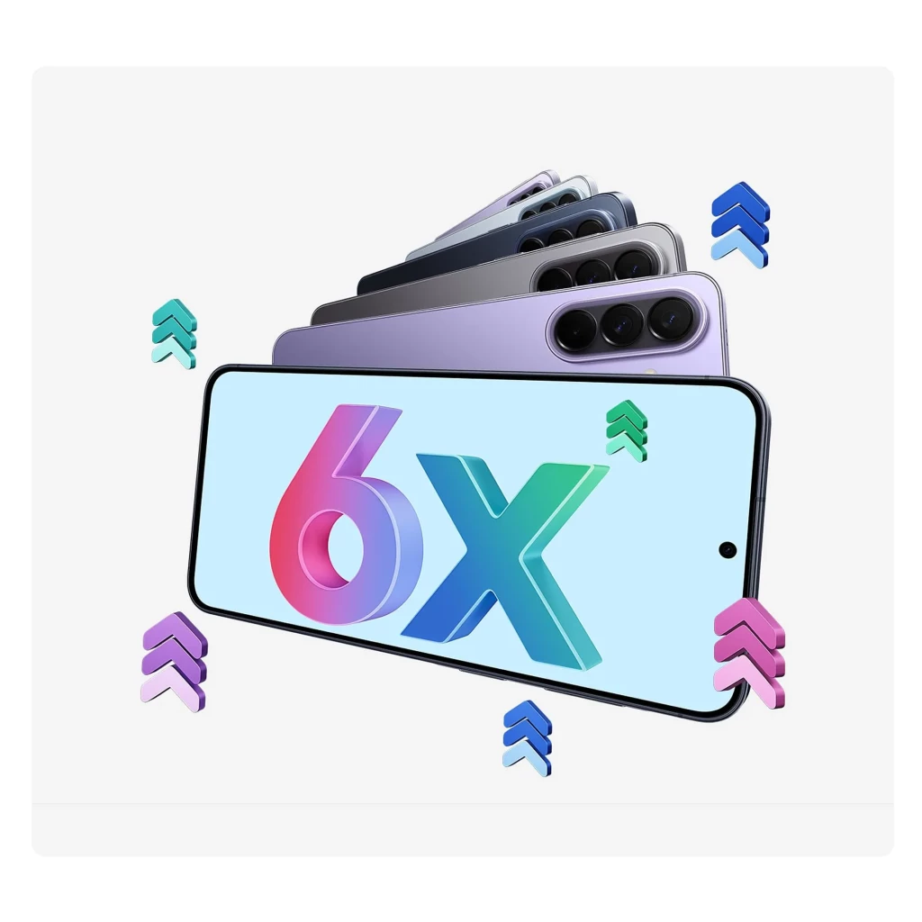 Samsung Galaxy A57 5G lilás com tela infinita, furo central para câmera frontal, módulo traseiro com três lentes verticais e acabamento matte elegante - Item8