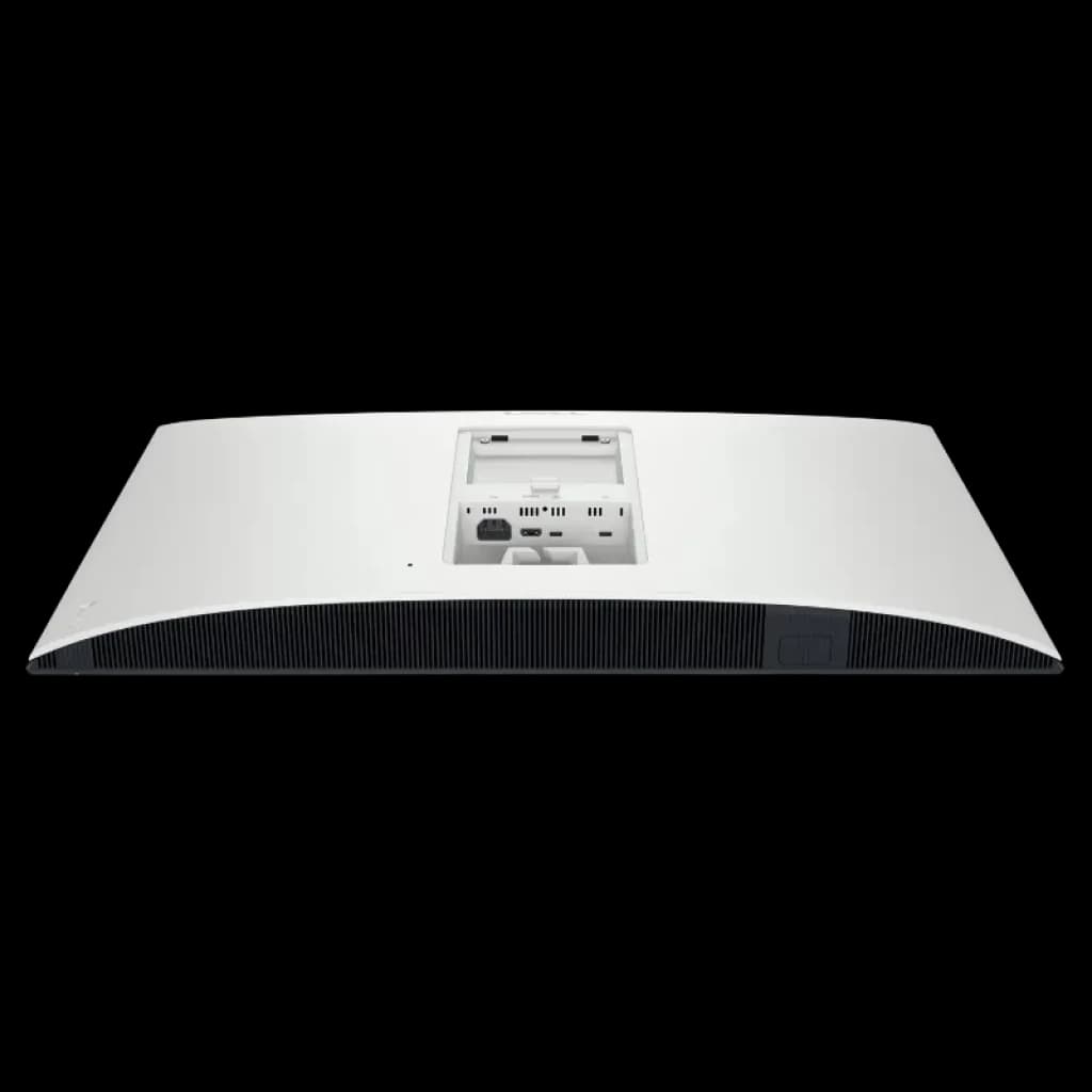 Arrière du moniteur DELL Plus S3225QC : boîtier blanc incurvé avec ventilation sur le dessus, prise d'alimentation sur le côté et support VESA central
