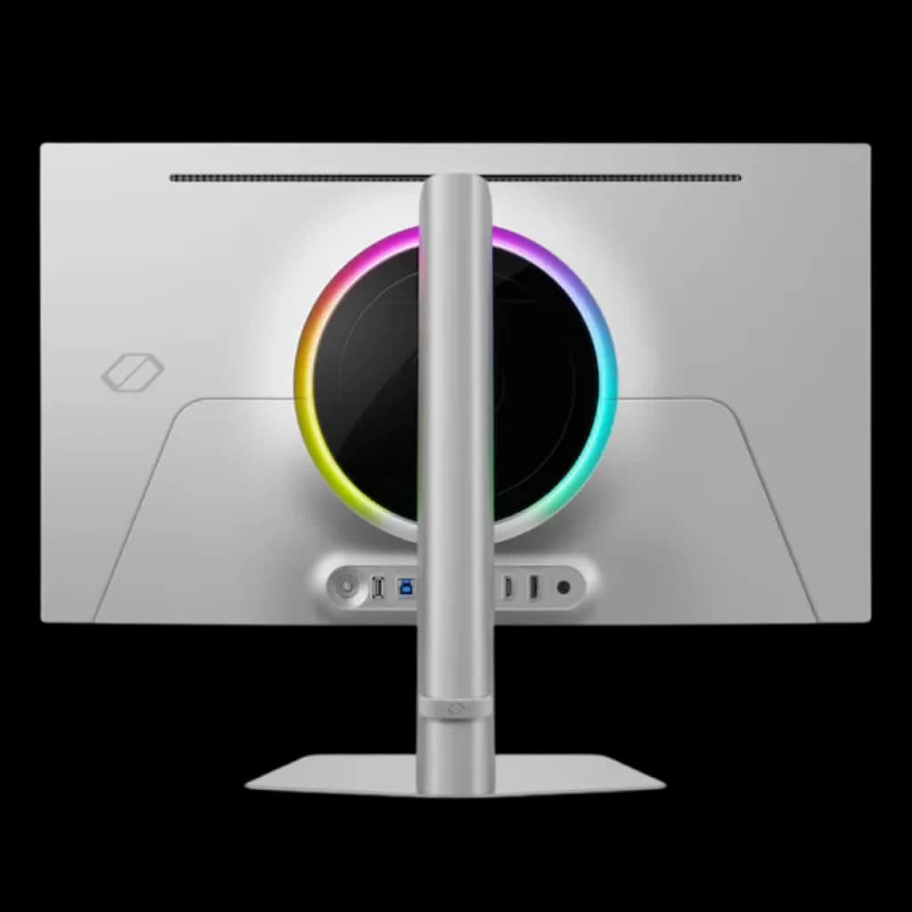 Traseira do Samsung Odyssey G6 G60SF 27 polegadas QHD OLED 500 Hz com anel RGB, corpo branco, porta central robusta e portas USB e HDMI alinhadas