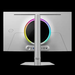 Traseira do Samsung Odyssey G6 G60SF 27 polegadas QHD OLED 500 Hz com anel RGB, corpo branco, porta central robusta e portas USB e HDMI alinhadas
