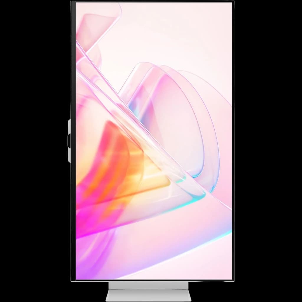 Écran Samsung ViewFinity S9 S90PC 27 pouces 5K mat, format vertical, bords ultra-fins, pied métallique, dalle aux tons rose et orange doux, design épuré