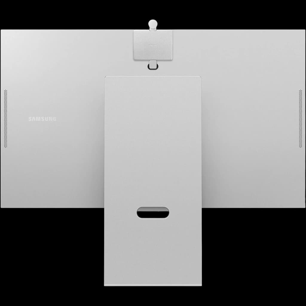 Arrière de l écran Samsung ViewFinity S9 S90PC 27 pouces 5K mat avec pied gris, ajustable, fente de gestion des câbles et haut‑parleurs intégrés