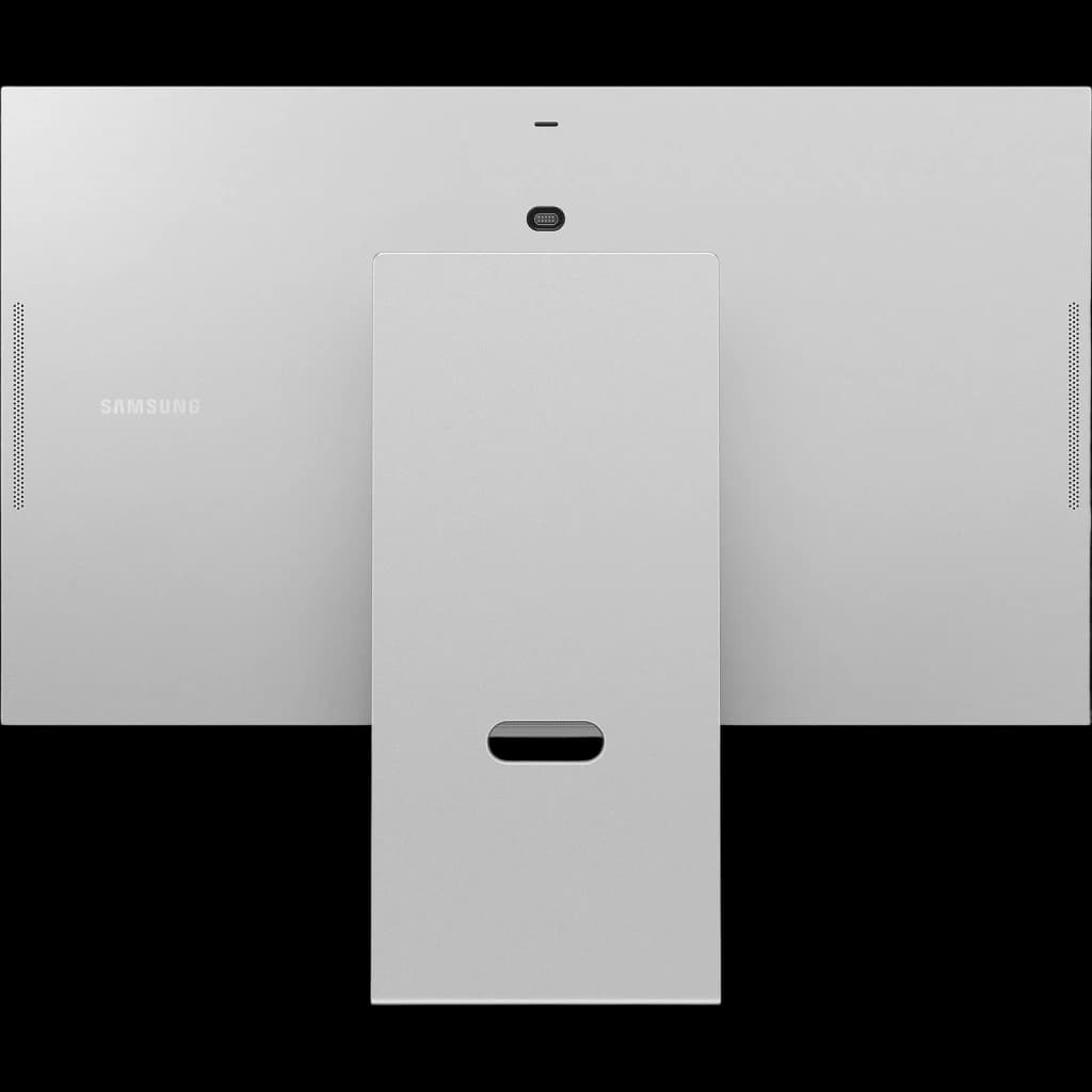 Dos du Écran Samsung ViewFinity S9 S90PC 27 pouces 5K mat avec support central robuste, port USB‑C intégré, finitions aluminium et grilles haut‑parleurs