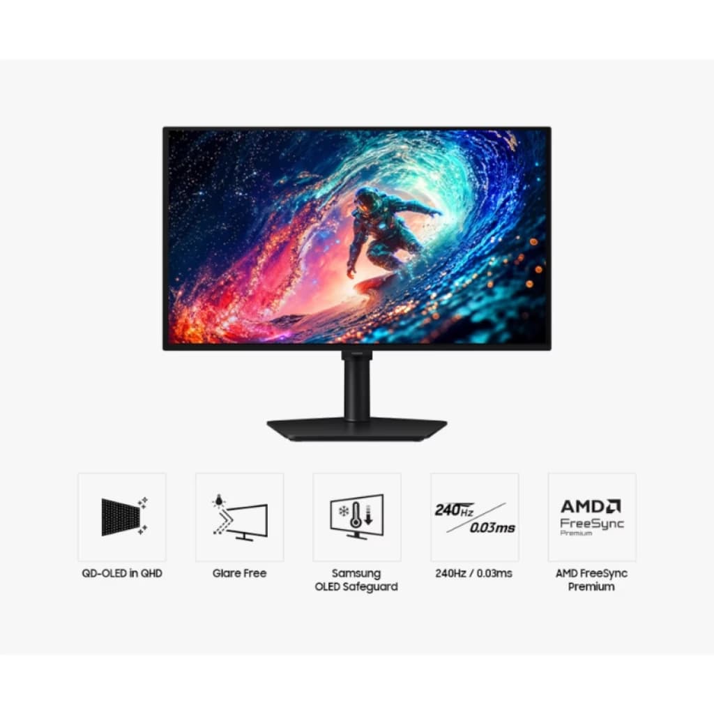 Monitor Samsung Odyssey OLED G6 27 QHD com painel QD-OLED, 240 Hz e FreeSync Premium; tela sem reflexos, cores vibrantes e resposta de 0,03 ms