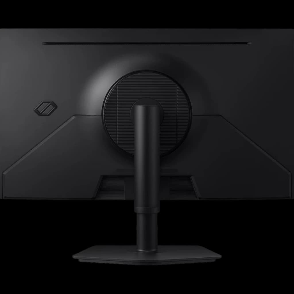 Parte traseira do Monitor Samsung Odyssey OLED G6 27 pol: acabamento preto fosco, suporte robusto ajustável, gestão de cabos central e design minimalista.