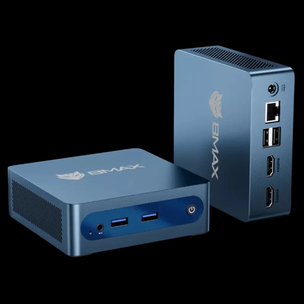 BMAX MaxMini B1 Plus azul metalizado, compacto com portas USB frontais e botão de ligar, portas laterais com USB, HDMI, Ethernet e ventilação