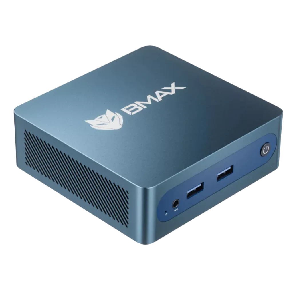 BMAX MaxMini B1 Plus bleu métallisé, compact avec ports USB en façade et bouton d'alimentation, et sur les côtés : USB, HDMI, Ethernet et ventilation - Ítem1
