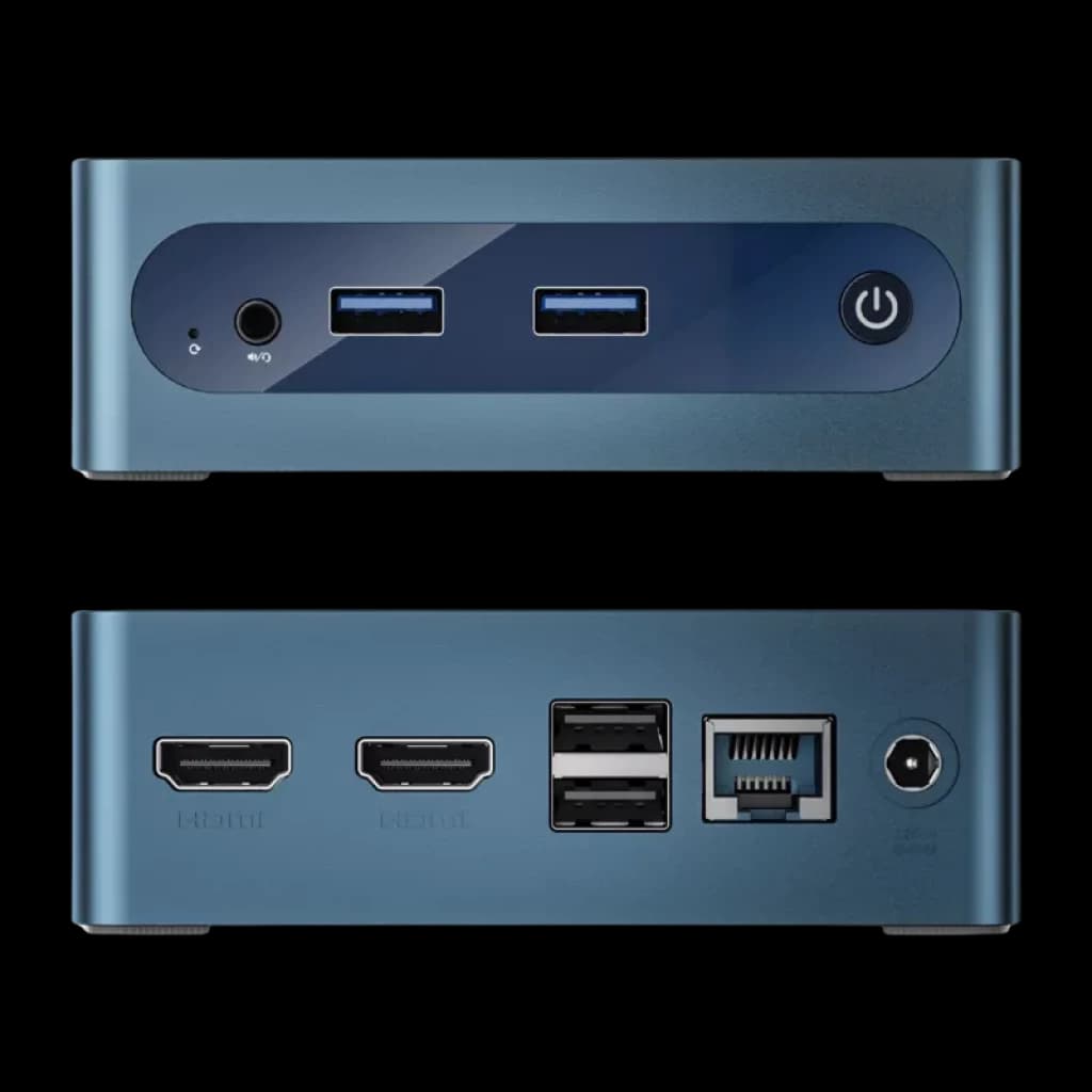 Painel de ligações do BMAX MaxMini B1 Plus com duas portas HDMI e Gigabit Ethernet