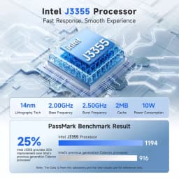 Gráfico promocional do processador Intel J3355: 14 nm, 2,0-2,5 GHz, 2 MB de cache e 10 W, com comparação PassMark e um aumento de desempenho de 25%