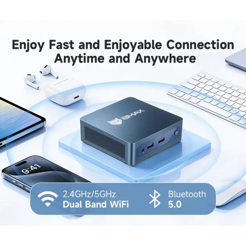 BMAX MaxMini B1 Plus bleu métallisé, compact avec ports USB en façade et bouton d'alimentation, et sur les côtés : USB, HDMI, Ethernet et ventilation - Ítem4