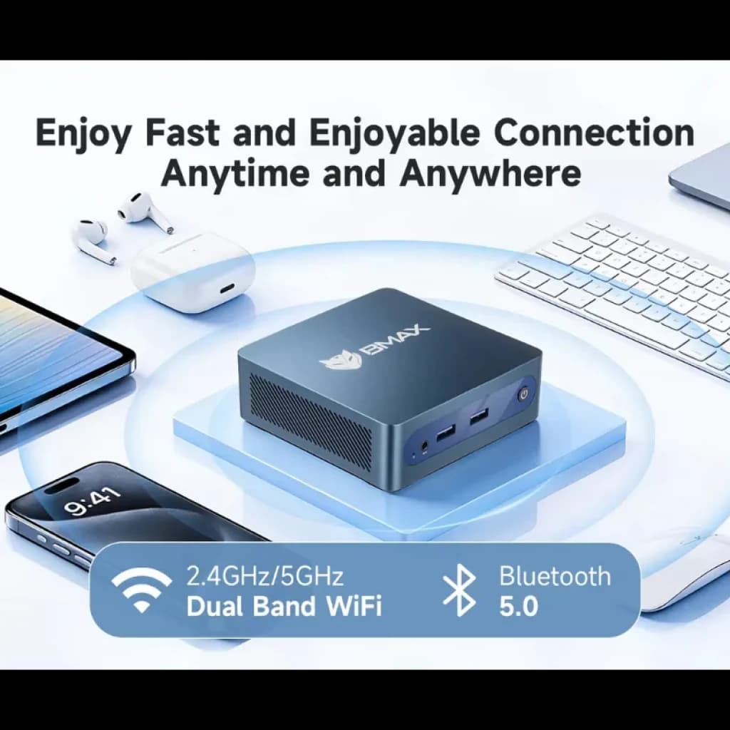 BMAX MaxMini B1 Plus, mini PC com portas USB e áudio na parte frontal, logótipo BMAX visível; destaca-se o Wi-Fi de banda dupla 2,4/5 GHz e o Bluetooth 5.0