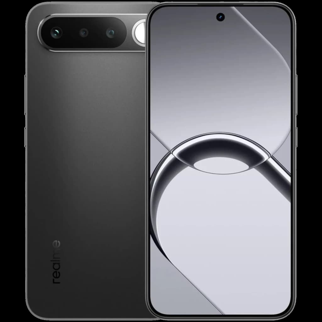 Smartphone noir élégant avec écran bord à bord, poinçon centré, triple module photo arrière aligné horizontalement et dos mat aux bords arrondis