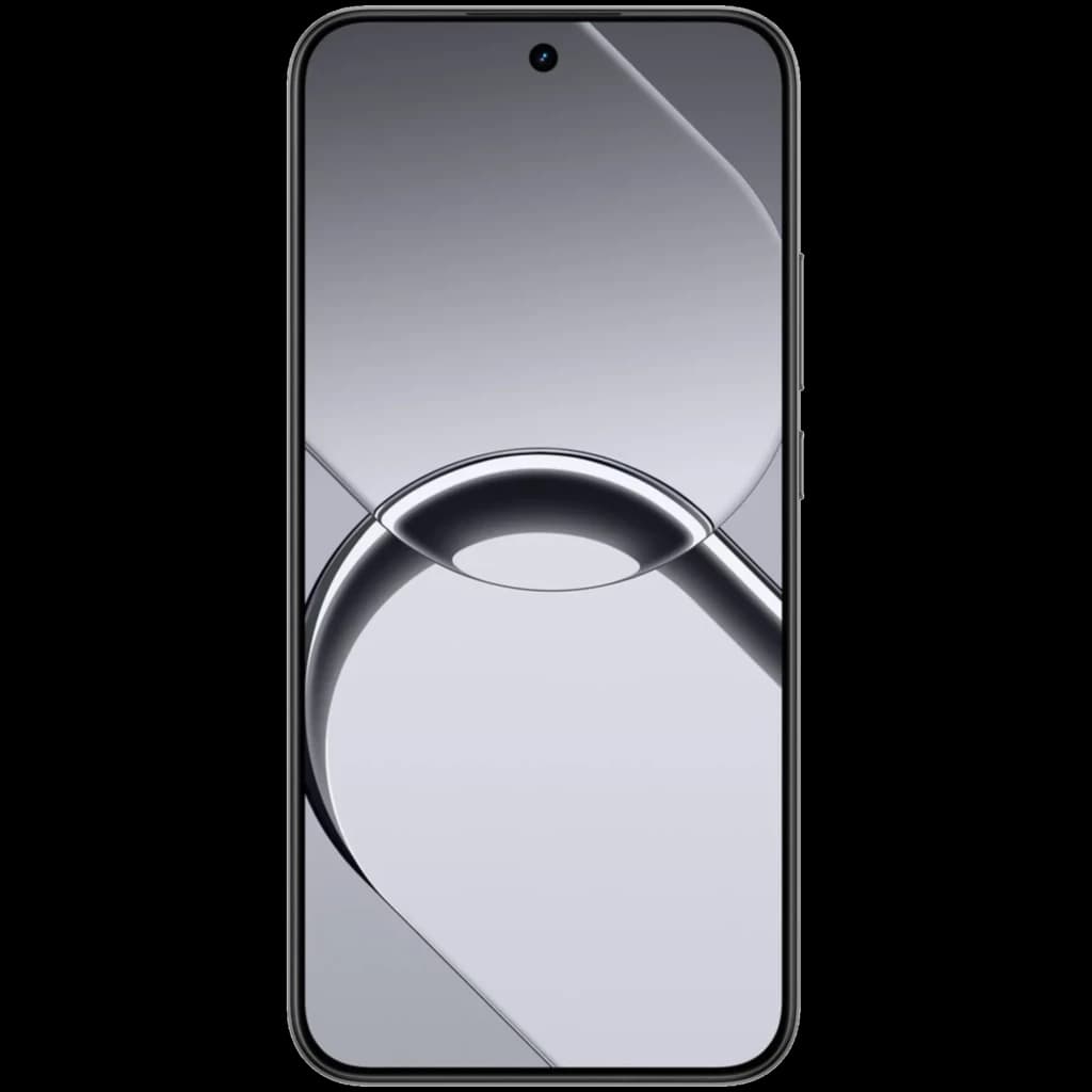 Écran du Realme 16 5G noir, bordures fines, poinçon centré, dalle large aux reflets métalliques; design épuré mettant en avant la façade sans boutons